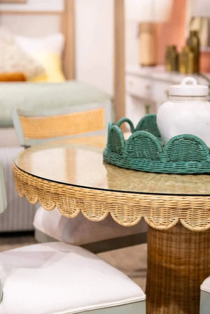 Scalloped Round Bistro Table W/ Tempered Glass In Rattan Natural-Blue Hand Home