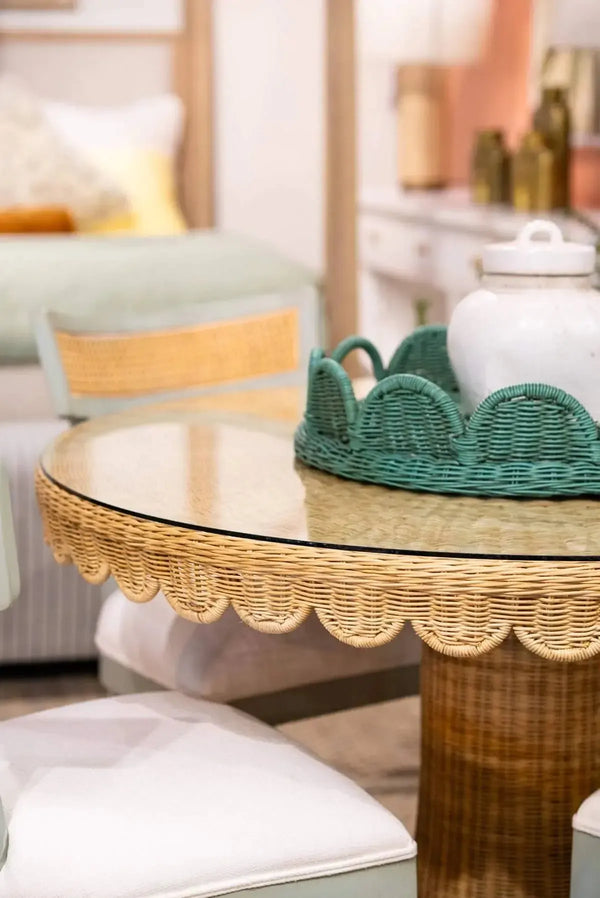 Scalloped Round Bistro Table W/ Tempered Glass In Rattan Natural-Blue Hand Home