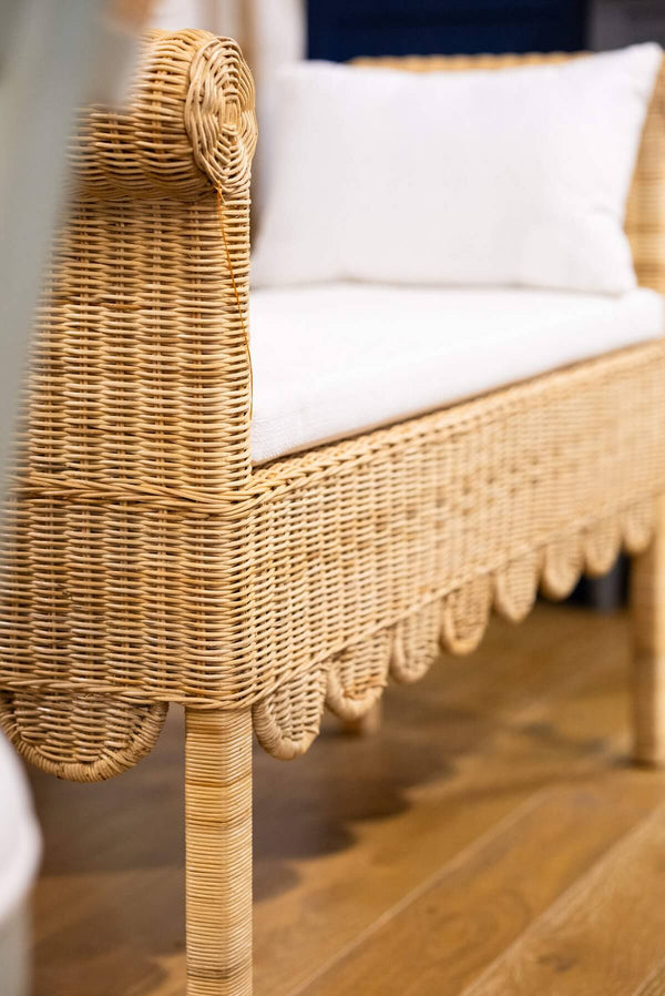 Newport Scalloped Bench In Rattan Natural W/ Arctic White Performance Fabric-Blue Hand Home