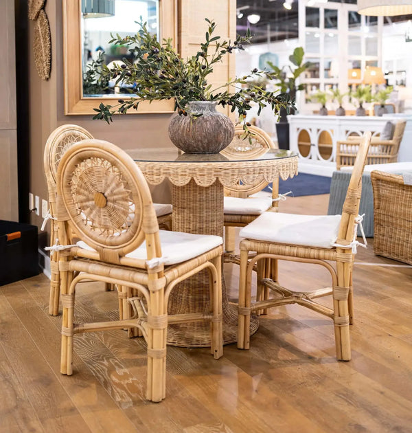 Scalloped Round Bistro Table W/ Tempered Glass In Rattan Natural-Blue Hand Home
