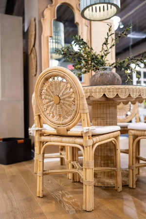 Oceana Rattan Dining Chair in Natural Rattan w/ Arctic White Performance Fabric-Blue Hand Home