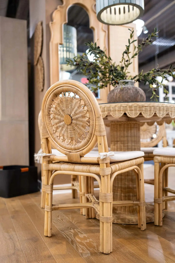 Oceana Rattan Dining Chair in Natural Rattan w/ Arctic White Performance Fabric-Blue Hand Home