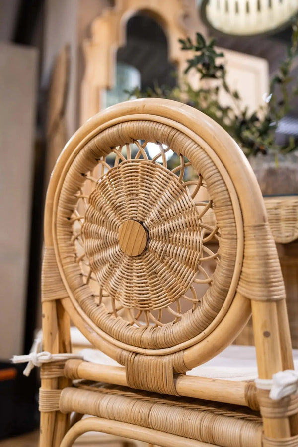 Oceana Rattan Dining Chair in Natural Rattan w/ Arctic White Performance Fabric-Blue Hand Home