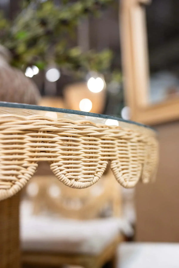 Scalloped Round Bistro Table W/ Tempered Glass In Rattan Natural-Blue Hand Home
