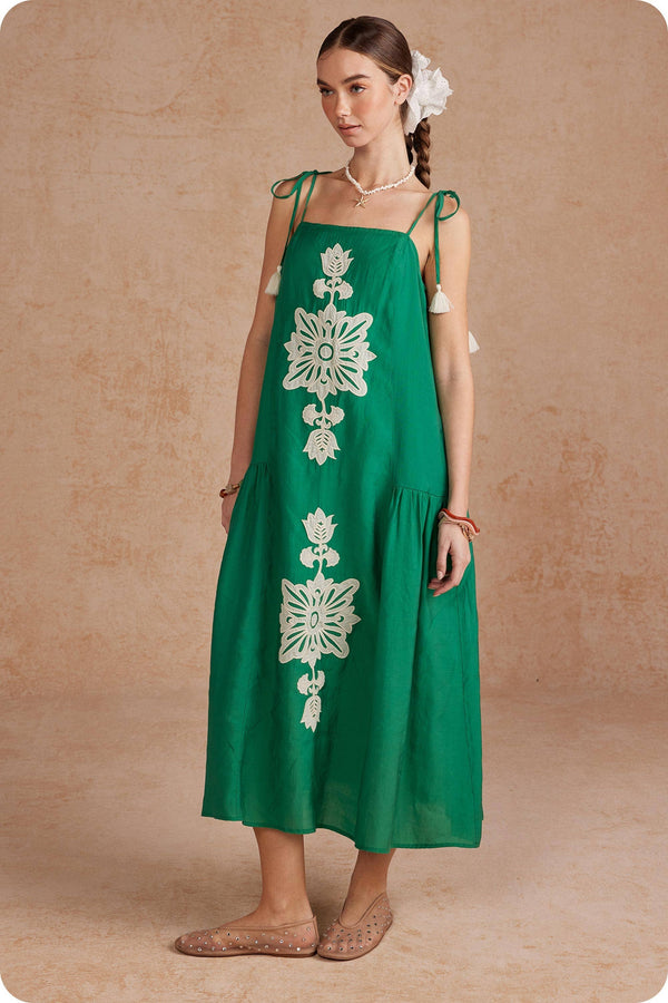 Floral Embroidered Sleeveless Tassel Tie Strap Midi Dress