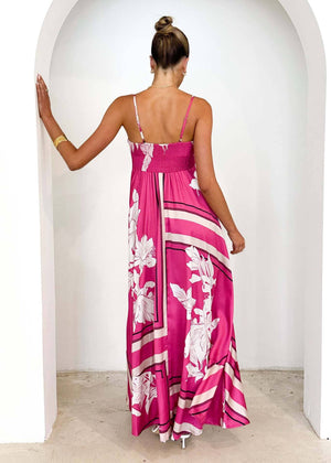 2025 Tropical botanical Floral thin strap flare swing dress-Blue Hand Home