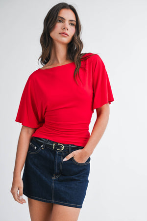 8654hk Draped Short Sleeve Back Tie Top Tee