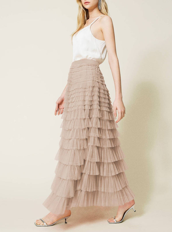 Elastic waist ruffle tulle maxi skirt-Blue Hand Home