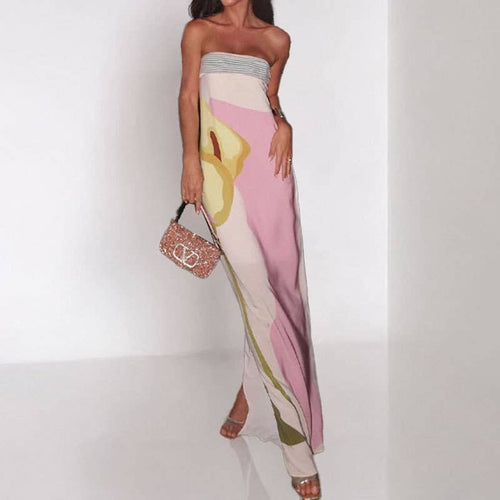 Calla Lily Print Strapless Maxi Dress-Blue Hand Home