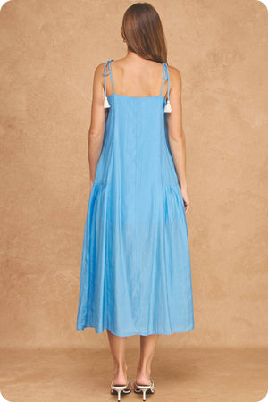 Floral Embroidered Sleeveless Tassel Tie Strap Midi Dress