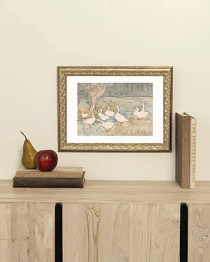 Spring Geese Framed Antique Art-Blue Hand Home