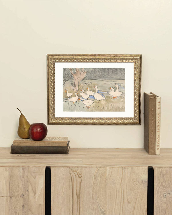 Spring Geese Framed Antique Art-Blue Hand Home