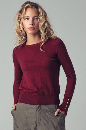 Polished Button Cuff Slim Knit Top-Blue Hand Home