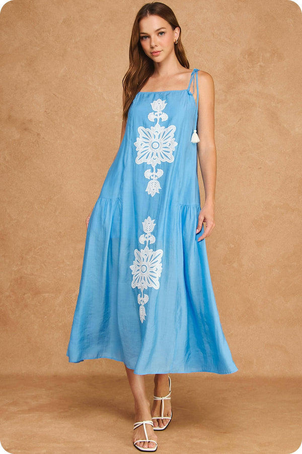 Floral Embroidered Sleeveless Tassel Tie Strap Midi Dress