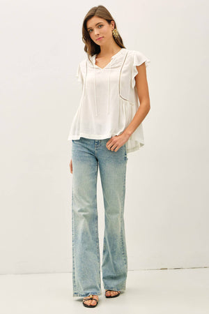 TIE FRONT RUFFLE SLEEVE TOP-Blue Hand Home