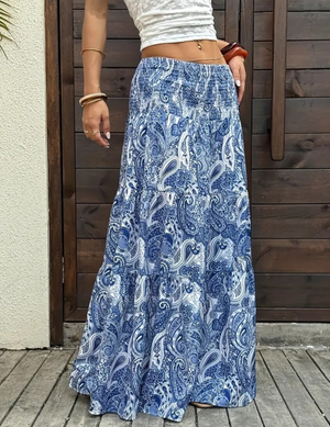 Smocked Elastic Beach Paisley Print Tiered Maxi Skirt-Blue Hand Home