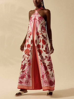 Vacation Palm Tree Tropical Prints Halter Jumpsuit-Blue Hand Home