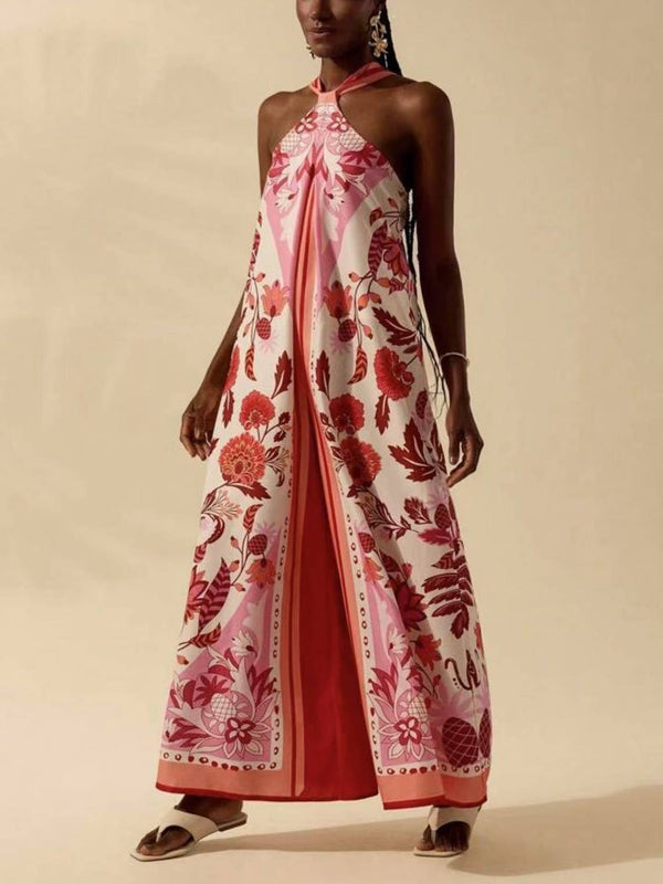 Vacation Palm Tree Tropical Prints Halter Jumpsuit-Blue Hand Home
