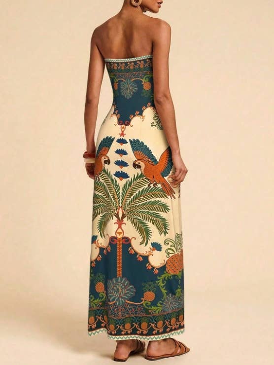 Tropical Floral Print Strapless Maxi Dress Tube Dress-Blue Hand Home
