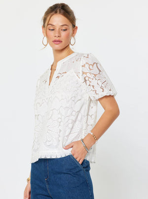 Embroidered Short Puff Sleeve Blouse-Blue Hand Home