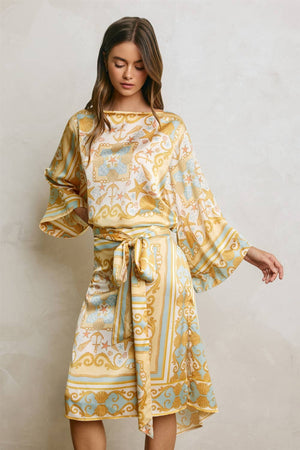 Conversational Scarf Satin Sash Kaftan Dress-Blue Hand Home