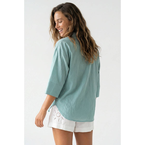Contrast Stitch Detail Popover Blouse-Blue Hand Home