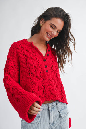 3463hk Textured Cropped Henley Knit Sweater