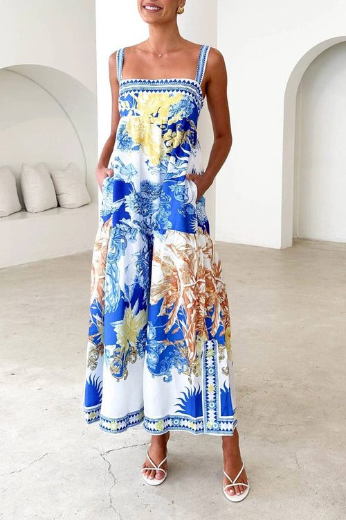 Chrysanthemum Floral Toile sleeveless flare swing dress-Blue Hand Home