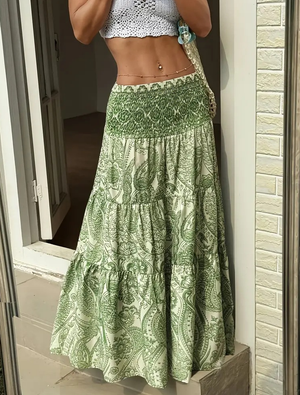 Smocked Elastic Beach Paisley Print Tiered Maxi Skirt-Blue Hand Home