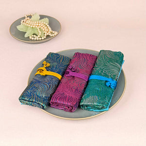 Peacock Feather Brocade Jewelry Rolls, Travel Jewelry Pouch-Blue Hand Home