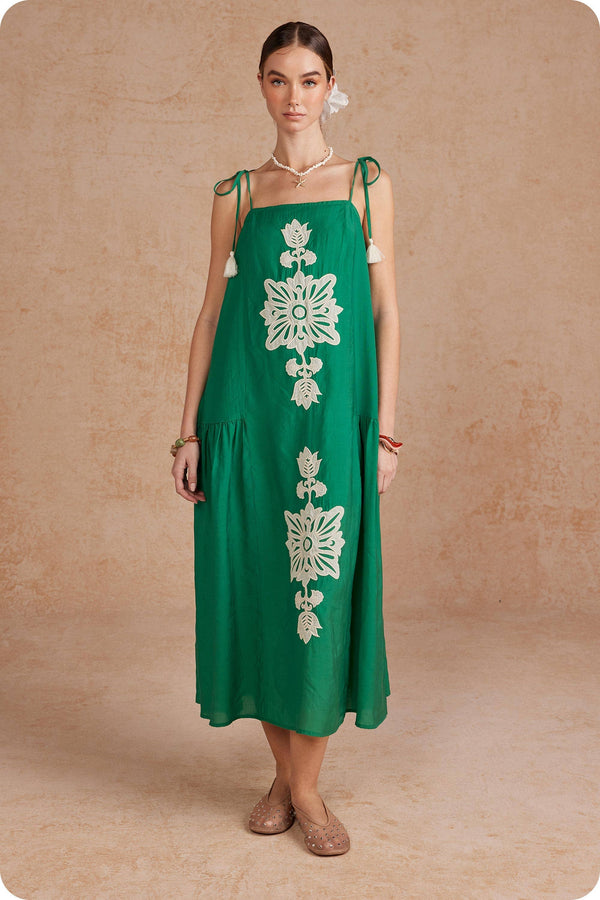 Floral Embroidered Sleeveless Tassel Tie Strap Midi Dress