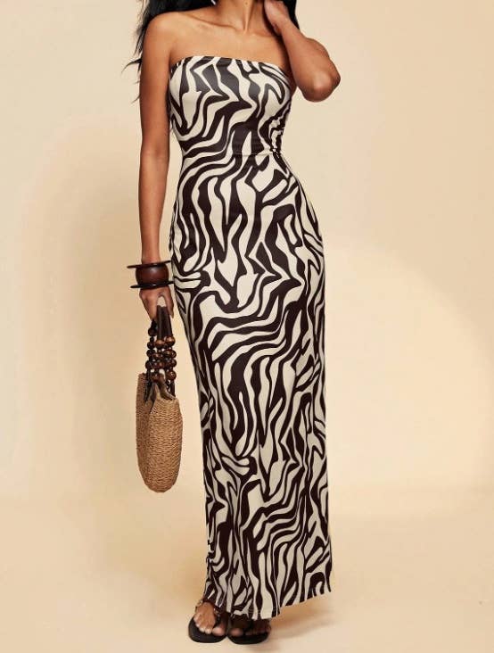 Tropical Floral Print Strapless Maxi Dress Tube Dress-Blue Hand Home