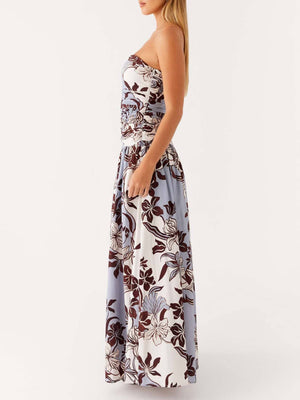 Exquisite floral & botanical strapless maxi cocktail dress-Blue Hand Home