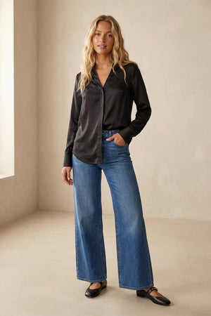 Refined Hidden-Placket Blouse-Blue Hand Home