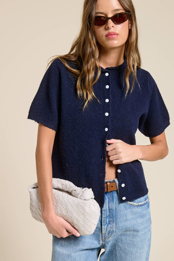 Short Sleeve Button Down Cardigan Top-Blue Hand Home