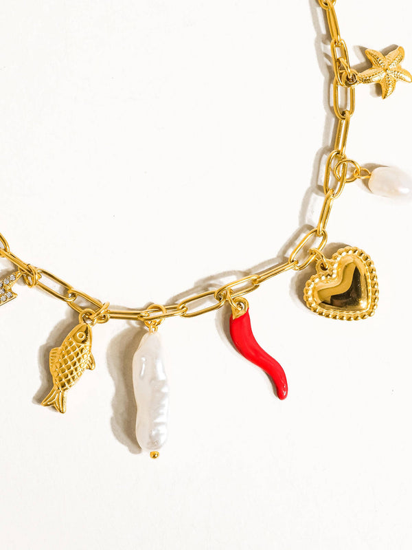 Filigrane 18K Gold Non-Tarnish Pepper Fish Charm Necklace-Blue Hand Home