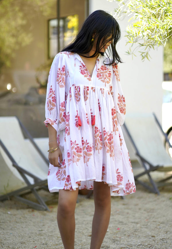 Raya Block Printed Mini Dress White Coral -Blue Hand Home
