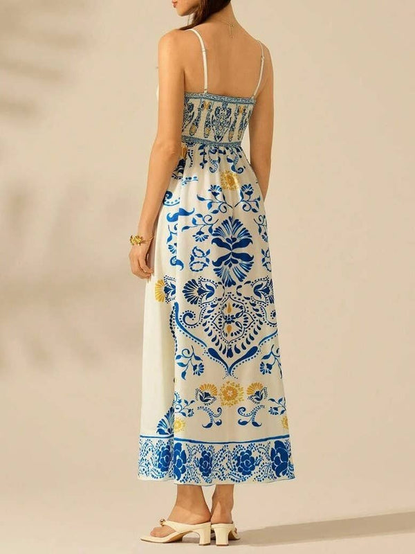 Cascais Bohemia Tropical palm strappy sundress-Blue Hand Home