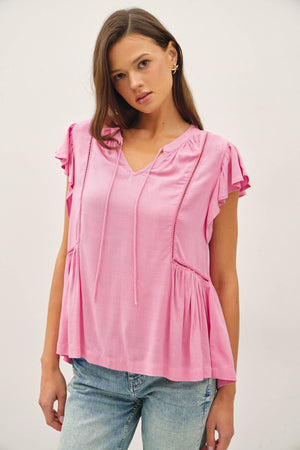 TIE FRONT RUFFLE SLEEVE TOP-Blue Hand Home