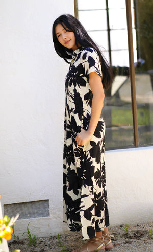 Carrie Cotton Dress Black Ivory-Blue Hand Home