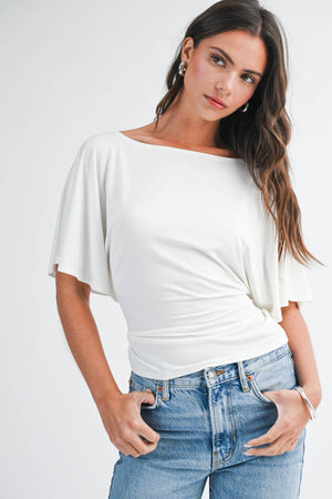 8654hk Draped Short Sleeve Back Tie Top Tee