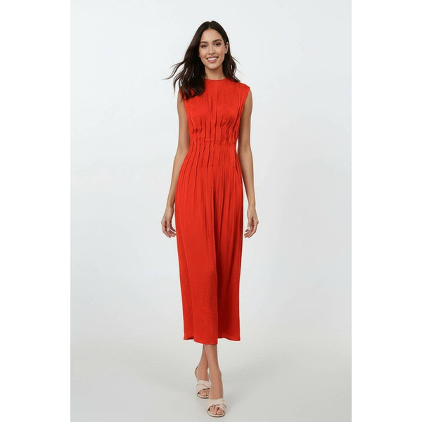 Silky Pleated Waistline Midi Dress-Blue Hand Home