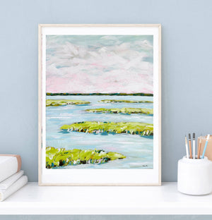 Abstract MarPrint on Paper, "Early Morning Marsh"-Blue Hand Home