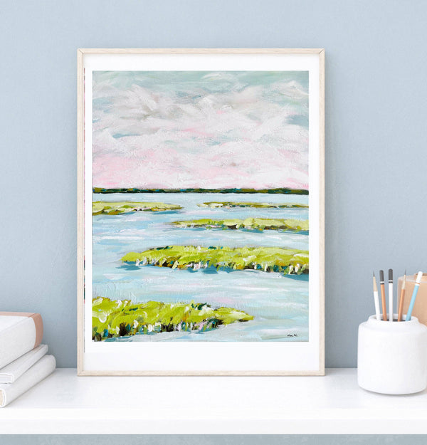 Abstract MarPrint on Paper, "Early Morning Marsh"-Blue Hand Home