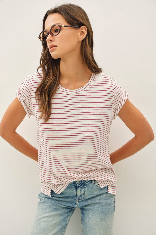 LINEN BLENDED STRIPED RELAXED TEE-Blue Hand Home
