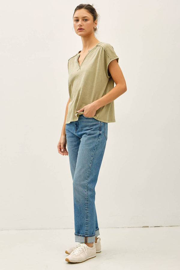 Garment Dye Oversize Cut Split-V Cotton Slub Tee-Blue Hand Home