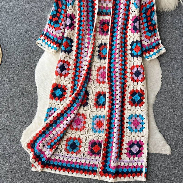 BOHO Color Blocks Crochet Cardigan long maxi cover-up-Blue Hand Home