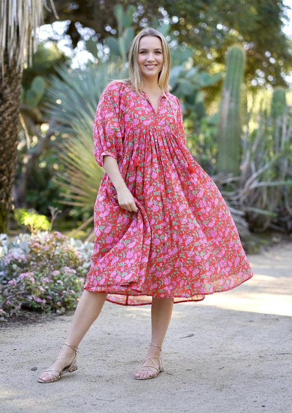 Mylah Midi Dress Block Printed Coral Multi-Blue Hand Home