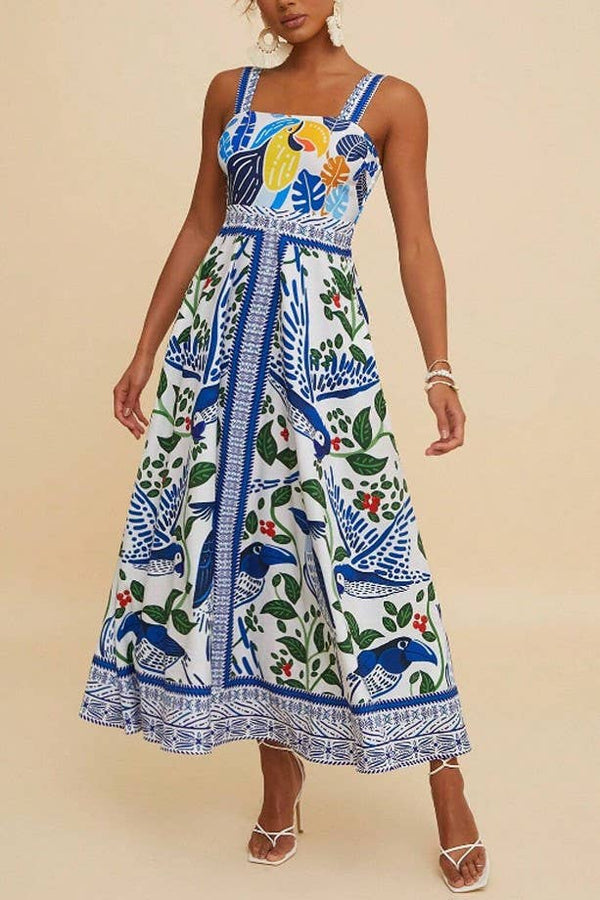 Boho Tropical Birdie Blue Floral Print Strappy Flare Dress-Blue Hand Home