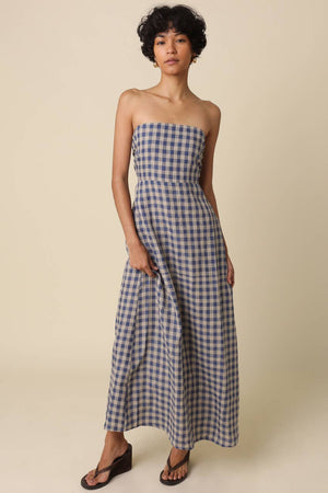 Mollie Gingham Strapless Linen Maxi Dress-Blue Hand Home